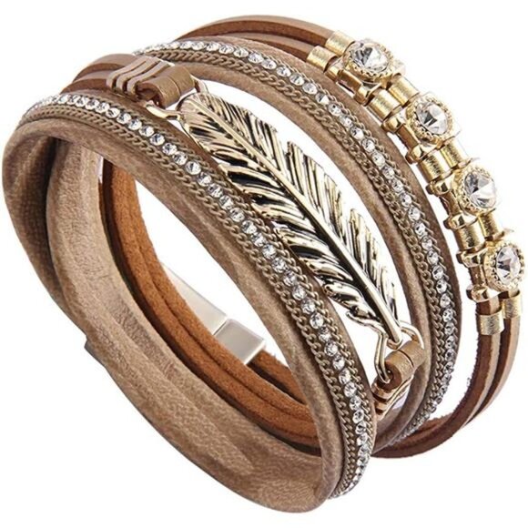 Leather Cuff Bracelet Feather Multi Strand Bracelet Wrap - Picture 3 of 6